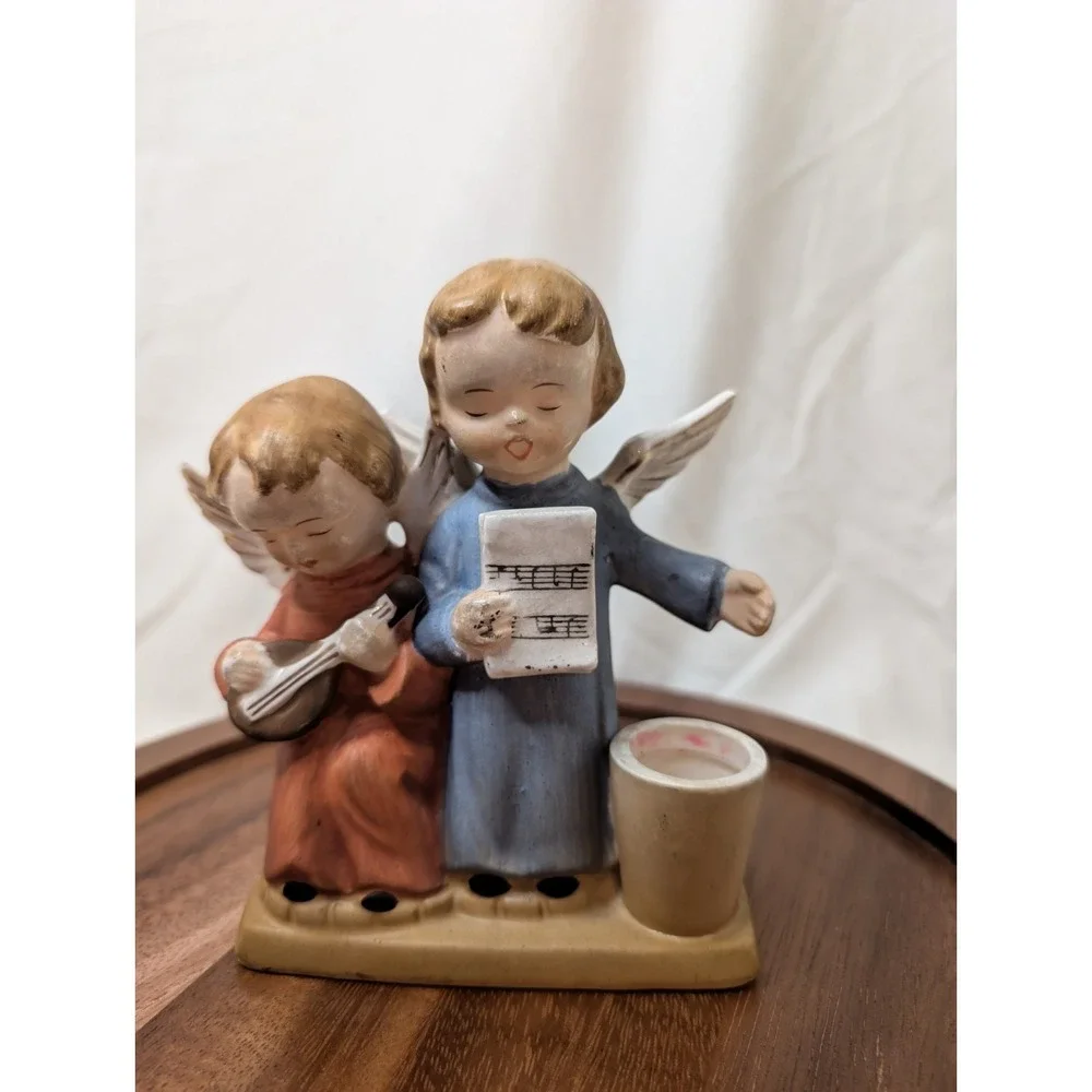 Vintage Pair Carol Singing Angels‎ Taper Candle Holder Made in Japan Instrument